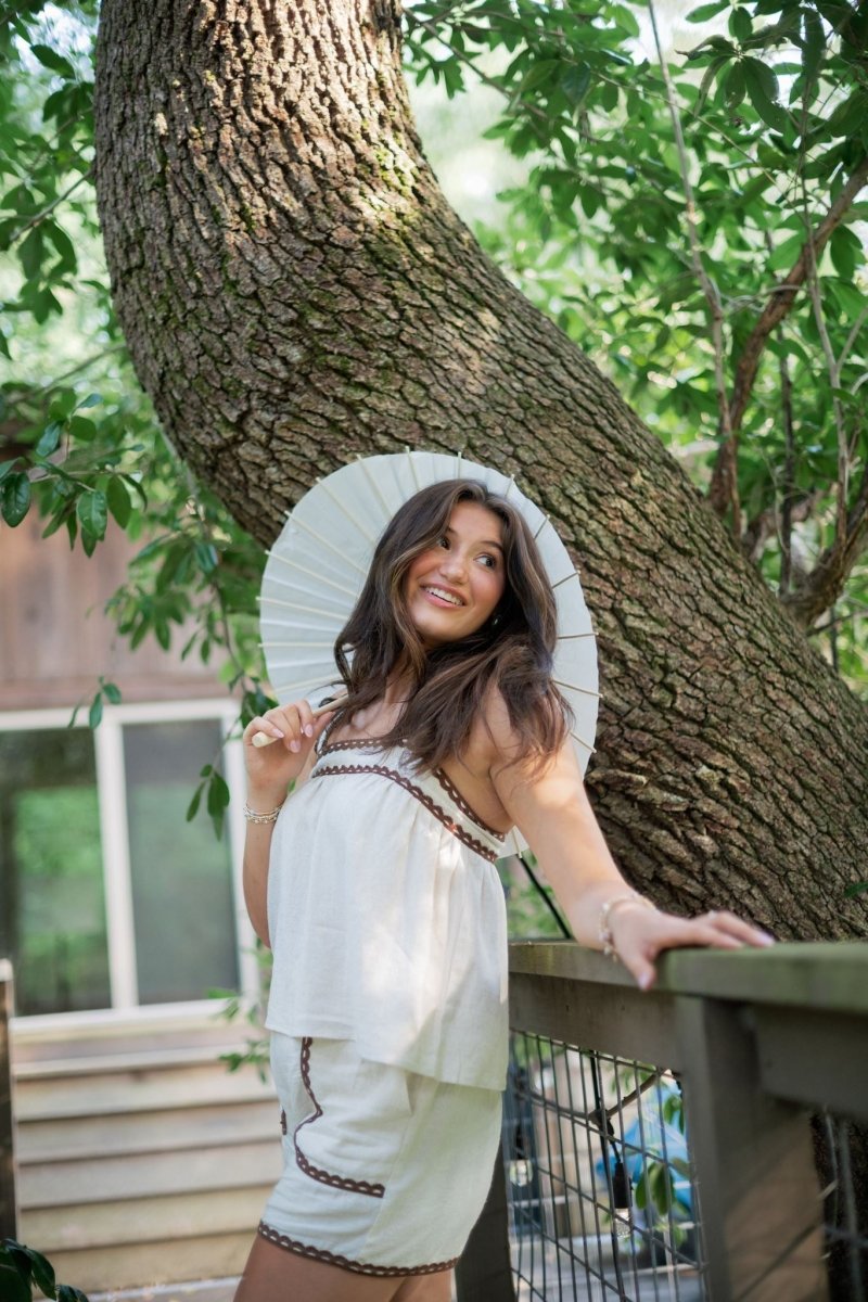 Linen Brown Trim Flowy Short Set