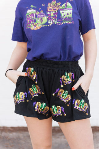 Mardi Gras Black Sequin Tiara Shorts