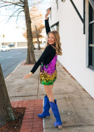 Mardi Gras Sequin Overall Romper - Select Trends Boutique