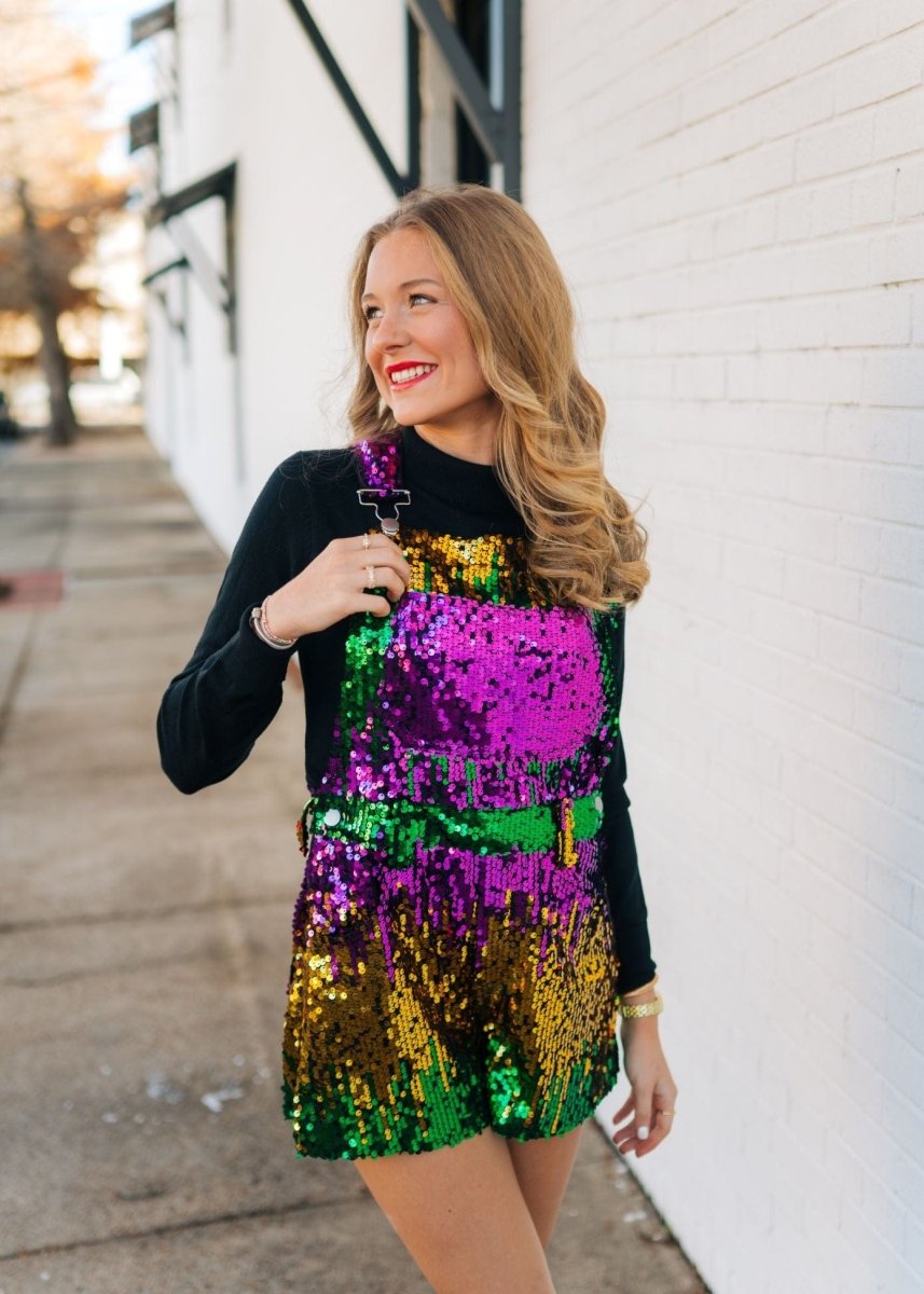 Mardi Gras Sequin Overall Romper Mardi Gras Sequin Overall Romper