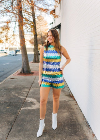 Mardi Gras Sequin Sleeveless Romper - Select Trends Boutique