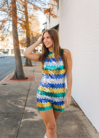 Mardi Gras Sequin Sleeveless Romper - Select Trends Boutique
