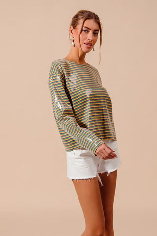 Mardi Gras Striped Sequin Long Sleeve Top - Select Trends Boutique