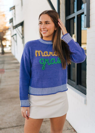 Mardi Gras Tinsel Purple Sweater | Select Trends Boutique