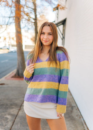 Mardi Gras V - Neck Striped Sweater | Select Trends Boutique