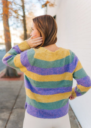 Mardi Gras V - Neck Striped Sweater | Select Trends Boutique