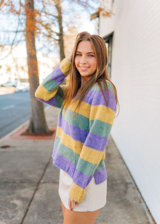 Mardi Gras V - Neck Striped Sweater | Select Trends Boutique