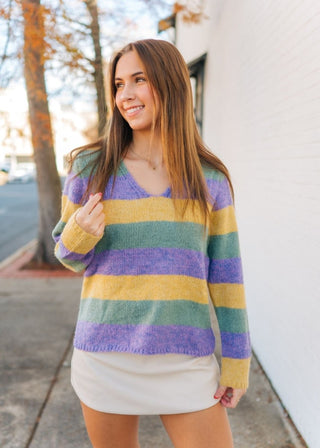 Mardi Gras V - Neck Striped Sweater | Select Trends Boutique