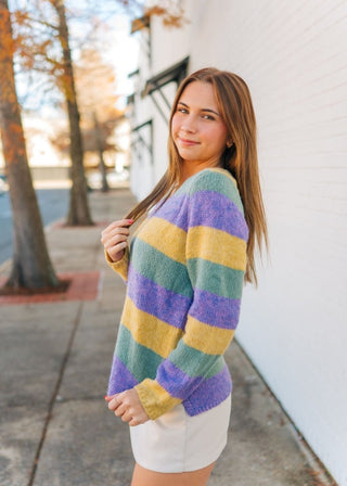 Mardi Gras V - Neck Striped Sweater | Select Trends Boutique