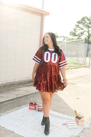 Maroon & White Jersey Sequin Dress - Select Trends Boutique