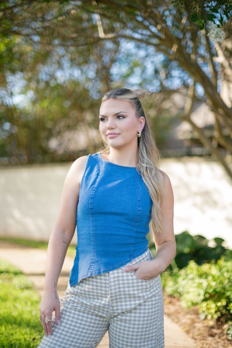 Medium Wash Asymmetrical Denim Top