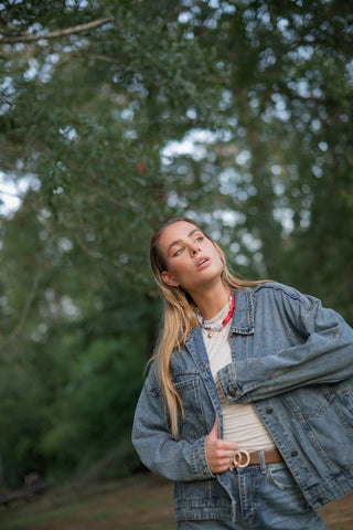 Medium Wash Back Pleated Denim Jacket | Select Trends Boutique
