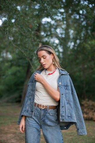 Medium Wash Back Pleated Denim Jacket | Select Trends Boutique