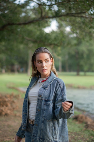 Medium Wash Back Pleated Denim Jacket | Select Trends Boutique