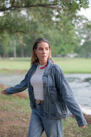 Medium Wash Back Pleated Denim Jacket | Select Trends Boutique