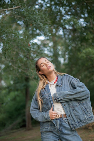 Medium Wash Back Pleated Denim Jacket | Select Trends Boutique