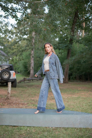 Medium Wash Back Pleated Denim Jacket | Select Trends Boutique