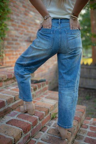 Medium Wash Mid Rise Barrel Jean - Select Trends Boutique