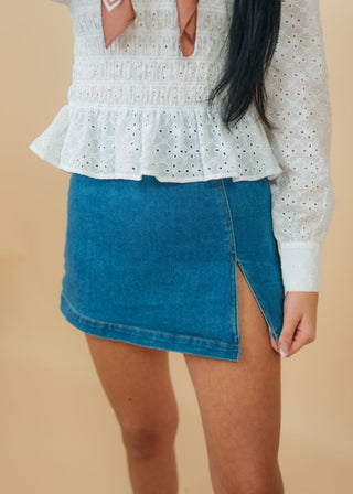 Medium Wash Slit Denim Skort | Select Trends Boutique