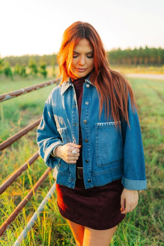 Medium Washed Stitched Denim Jacket - Select Trends Boutique