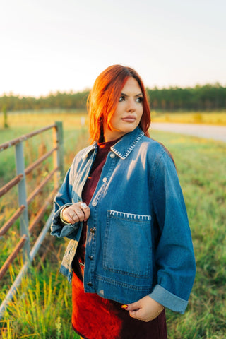 Medium Washed Stitched Denim Jacket - Select Trends Boutique