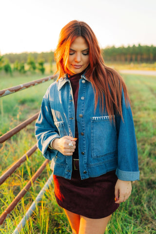 Medium Washed Stitched Denim Jacket - Select Trends Boutique