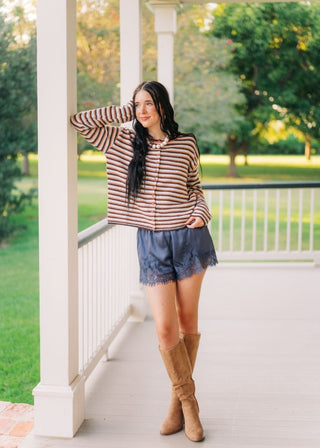 Midnight Blue Lace Trim Satin Shorts | Select Trends Boutique