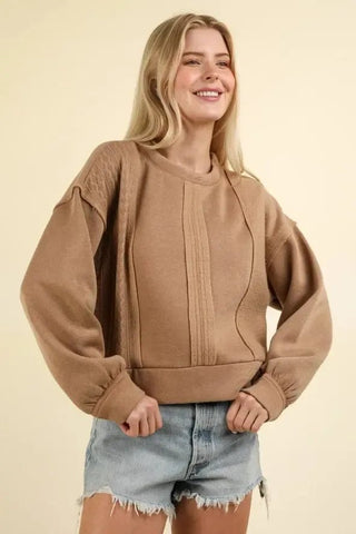 Mocha Cable Contrast Pullover | Select Trends Boutique