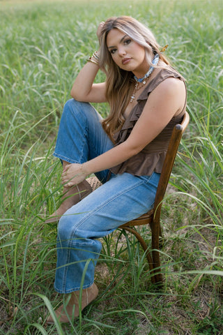 Mocha Suede Ruffle Tie Front Top - Select Trends Boutique