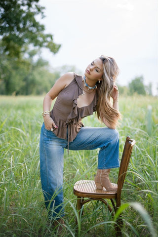 Mocha Suede Ruffle Tie Front Top - Select Trends Boutique