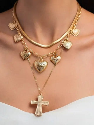 Multi Layered Cross & Heart Charm Necklace - Select Trends Boutique