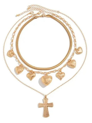Multi Layered Cross & Heart Charm Necklace - Select Trends Boutique
