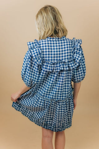 navy blue babydoll dress Navy Checkered Babydoll Dress