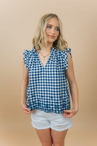 Navy Checkered Short Sleeve Blouse | Select Trends Boutique