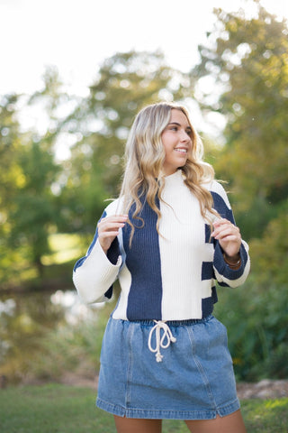 Navy Colorblock Mock Neck Sweater - Select Trends Boutique
