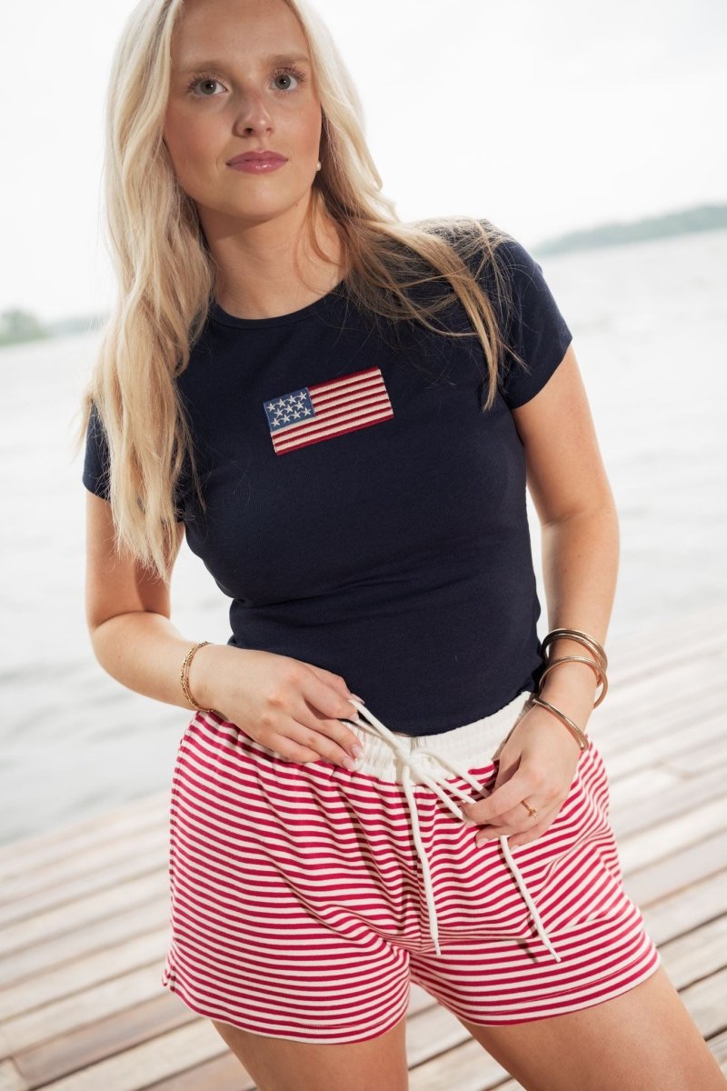 Navy Embroidered American Flag Tee