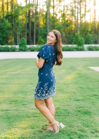 Navy Embroidered Puff Sleeve Mini Dress | Select Trends Boutique
