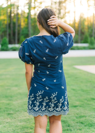Navy Embroidered Puff Sleeve Mini Dress | Select Trends Boutique