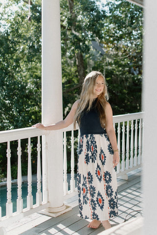 Navy Floral Pleated Midi Dress