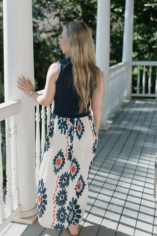 Navy Floral Pleated Midi Dress