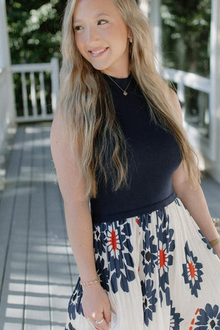 Navy Floral Pleated Midi Dress