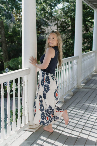 Navy Floral Pleated Midi Dress