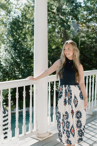 Navy Floral Pleated Midi Dress