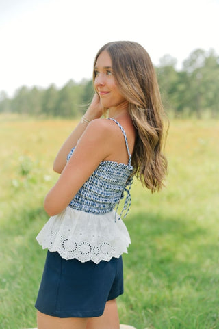 Navy Gingham Eyelet Trim Top | Select Trends Boutique