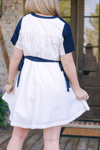 Navy Knit Detail Button Down Dress