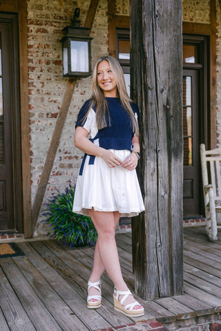 Navy Knit Detail Button Down Dress