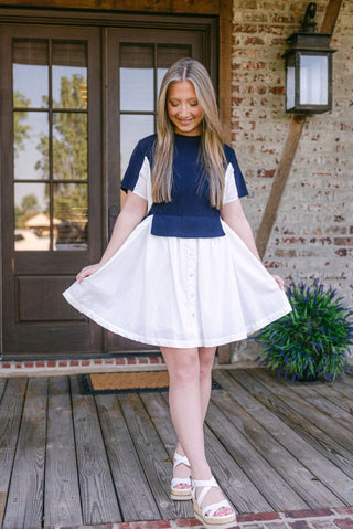 Navy Knit Detail Button Down Dress - Select Trends Boutique