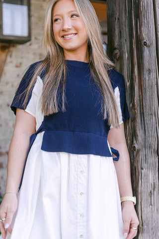 Navy Knit Detail Button Down Dress