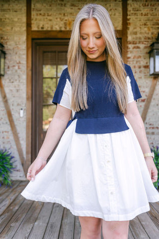 Navy Knit Detail Button Down Dress