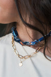 Navy Knotted Scarf Necklace With Chain
